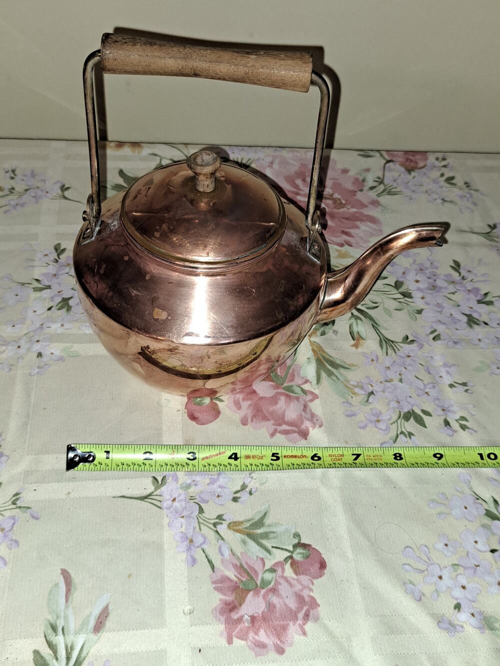 ANTIQUE COPPER TEA POT KETTLE W/ LID Wooden Handle